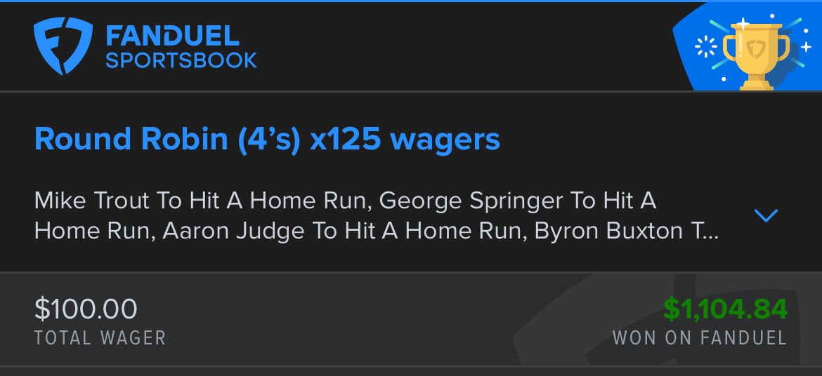 ANOTHER LEGENDARY DAY OF DINGERS🚀

Mike Trout HR✅
Byron Buxton HR✅
Aaron Judge HR✅
Christian Walker HR✅
Willy Adames HR✅

ROUND ROBIN WENT CRAZY😱

DON’T MISS TOMORROW’S PLAYS!

#Fanduel #MLB #GamblingX #Parlay
