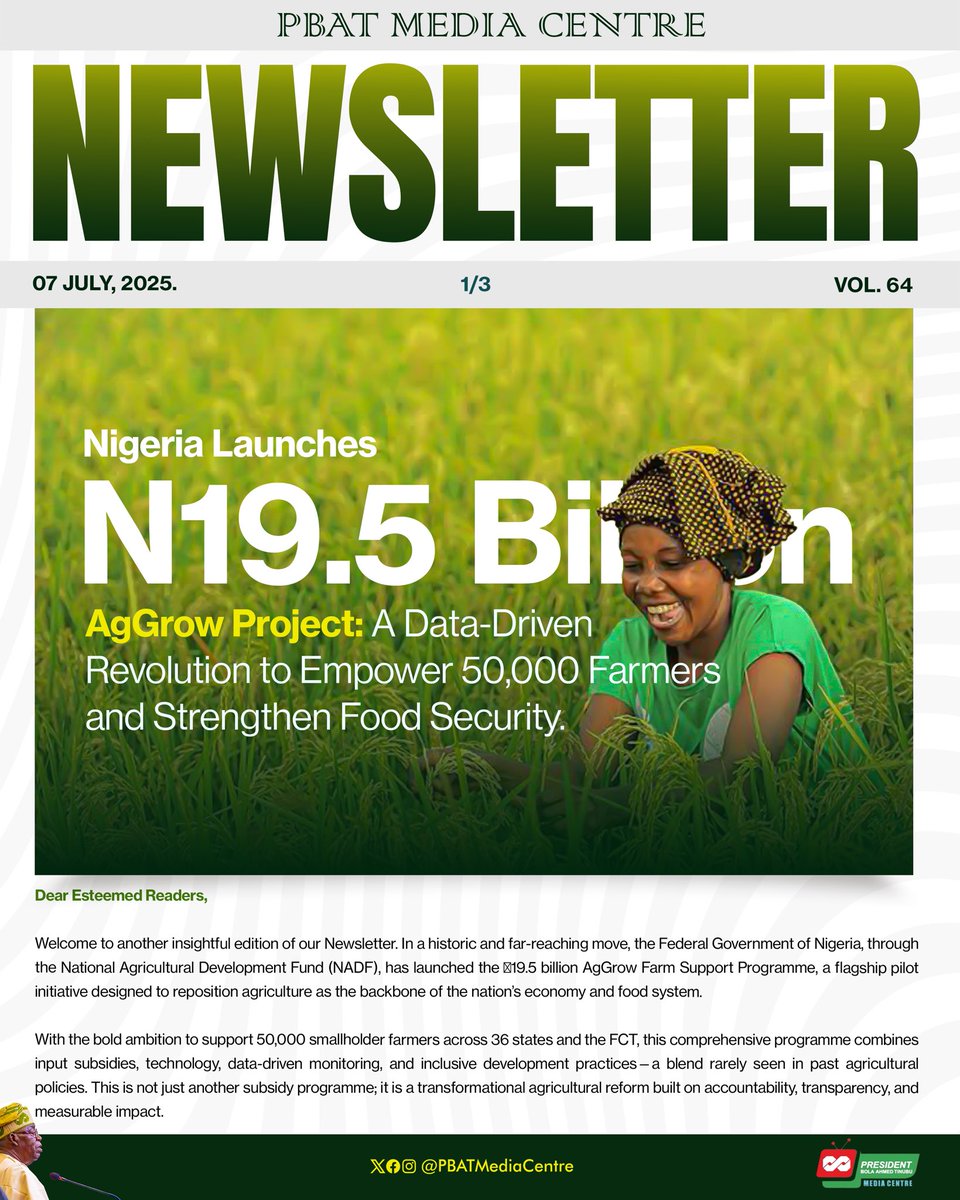 PBATMediaCentre's tweet photo. [Newsletter 📩] 

…Big Win for Nigerian Farmers! 🚜

The new ₦19.5B AgGrow Project is putting power back in the hands of 50,000 smallholder farmers with tech, training, and real support. 🌱 https://t.co/ye3ypyiNrs