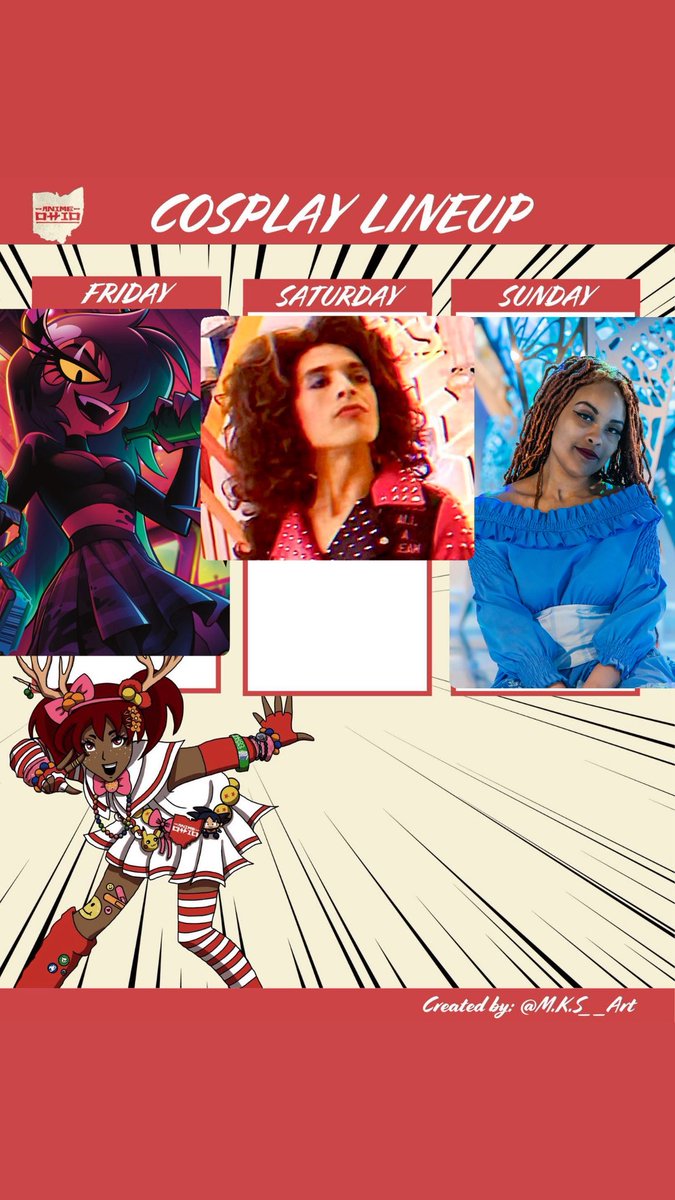 KeyesVera's tweet image. My lineup for Anime Ohio 
I’m excited ,nervous, pumped
Can’t wait to see like 1/3 of the Helluva Boss cast 🥰