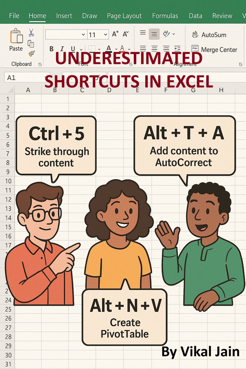 VikalExcel's tweet image. 🚀 Excel Super Shortcuts! 💡
Boost your productivity with these quick tricks:

🔹 Ctrl + 5 → Strike Through Content
🔹 Alt + T + A → Add to AutoCorrect
🔹 Alt + N + V → Create Pivot Table

🎨 With cartoon flair &amp;amp; Excel vibes!
#ExcelShortcuts #Productivity #ExcelTips #VikalJain…