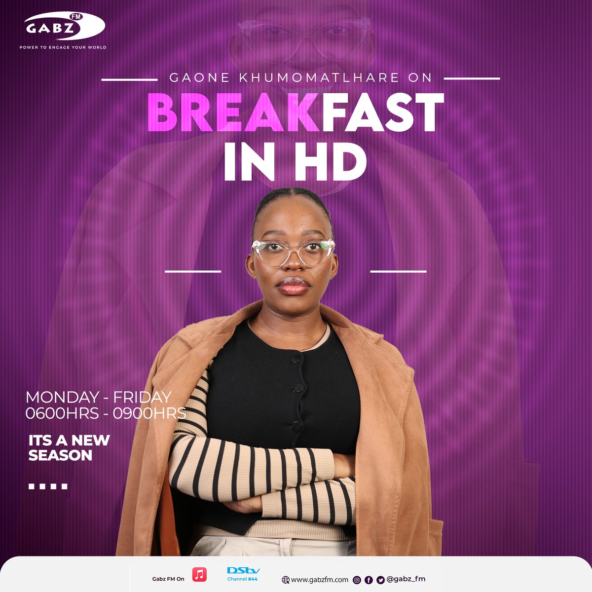 YOUR NEW HOST ON BREAKFAST IN HD!

Gaone Khumomatlhare is the award-winning force behind Gabz FM’s new “Breakfast in High Definition.” Named MISA Botswana’s Best Radio Presenter and a 2025 WAN-IFRA Women in News Leadership fellow, Gaone blends sharp journalism.