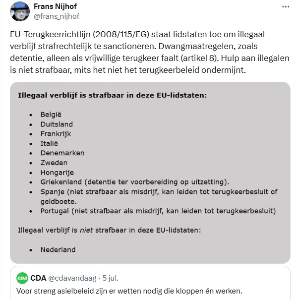frans_nijhof's tweet image. En leest u, mevrouw Karen van Oudenhoven, directeur Sociaal en Cultureel Planbureau, vooral even de EU-Richtlijn over strafbaarheid van illegaal verblijf. Is normaal in vrijwel alle EU-lidstaten, behalve in Nederland.