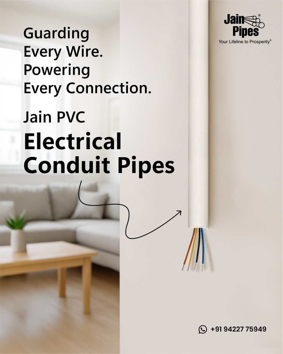 ⚡️ Power Up Safely with Jain PVC Electrical Conduit Pipes! ⚡️
When it comes to protecting your wiring, go with the name that’s built on trust and performance – Jain Pipes.

💡 Strong. Safe. Standard-Compliant.
✔️ Tough &amp; Reliable – Available in sizes from 16mm to 110mm, fit for