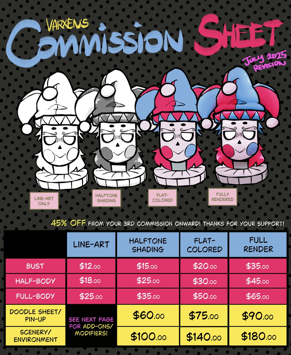 varxencore9's tweet image. I'm still open for commissions!
Slots expanded to 10 (Max cap, for real this time)
Accepted payment methods:
- PayPal (USD)
- GCash (PHP)
DM me if you're interested or have questions!