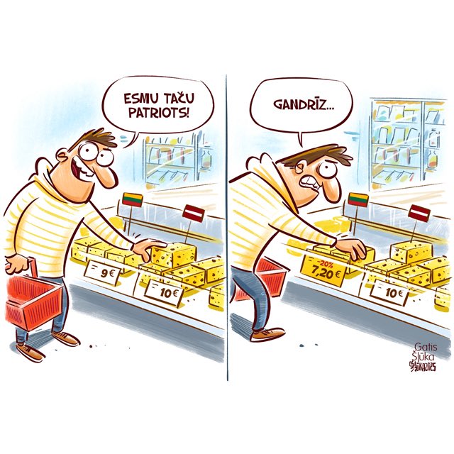 KarikaturaLv's tweet image. Veikalos pārtikas produktu cenas joprojām lielākoties ir par labu importam.
🇱🇻 Tirgotāju asociācijas prezidents Henriks Danusēvičs spriež,ka latviešu patriotisms, izvēloties 🇱🇻 preci, iekļaujas 20% cenu starpībā.
Ja tā ir lielāka, priekšroku dod importa produktiem. @lasilvportals