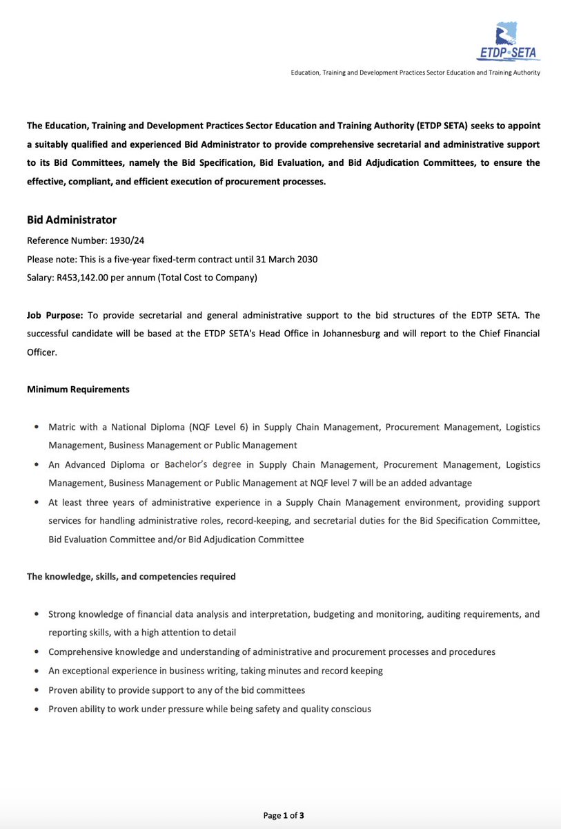 yüthconnect. (@yuthconnect) on Twitter photo 📌ETDP SETA
- Chief Operations Officer (COO)
- Management Accountant
- Bid Administrator
etdpseta.org.za/etd/05-vacanci…
All applications, quoting the relevant job title and reference number, must be submitted via email to: etdpseta@tttrecruitment.co.za
Closing date: 18 July at 16:00. 📌ETDP SETA
- Chief Operations Officer (COO)
- Management Accountant
- Bid Administrator
etdpseta.org.za/etd/05-vacanci…
All applications, quoting the relevant job title and reference number, must be submitted via email to: etdpseta@tttrecruitment.co.za
Closing date: 18 July at 16:00.