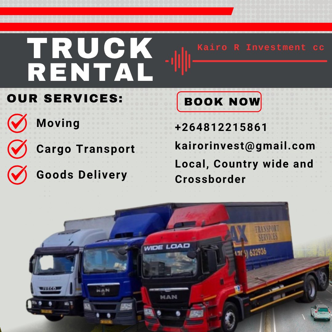 kairo_r_invest's tweet photo. For all logistics bookings and to send any commodities, 
please contact us via:  
Call/WhatsApp: +264 81 22 15861
Email: kairorinvest@gmail.com 
#transportation #transportationinwindhoek #windhoektransportation https://t.co/lCULFzHbmQ