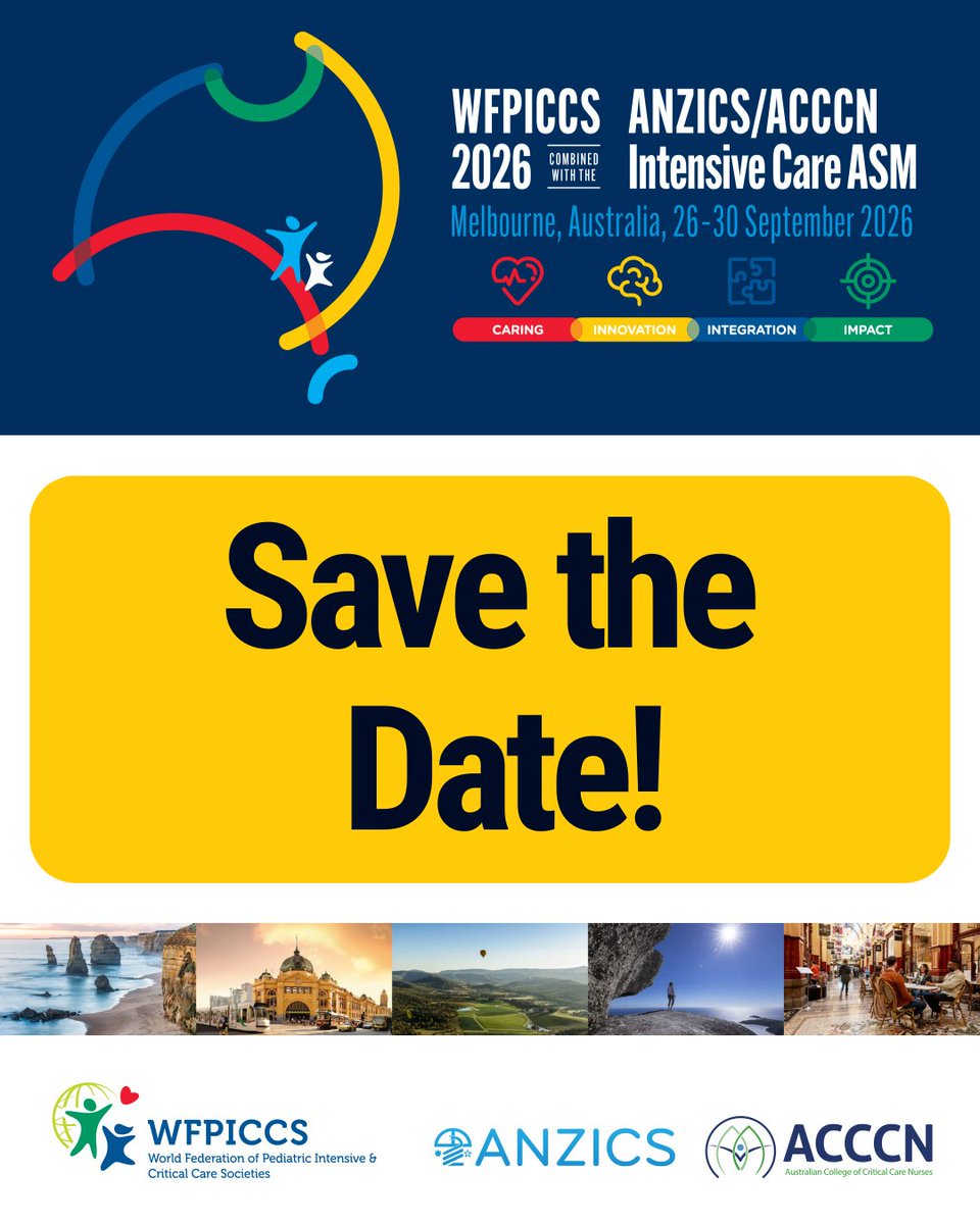 anzics's tweet image. 📢 Save the Date!
🌎WFPICCS 2026 and ANZICS / ACCCN Intensive Care ASM Mark your calendars for the WFPICCS World Congress combined with the ANZICS ACCCN Intensive Care ASM taking place from September 26-30, 2026.
Join us for an inspiring gathering of leaders, innovators, and…