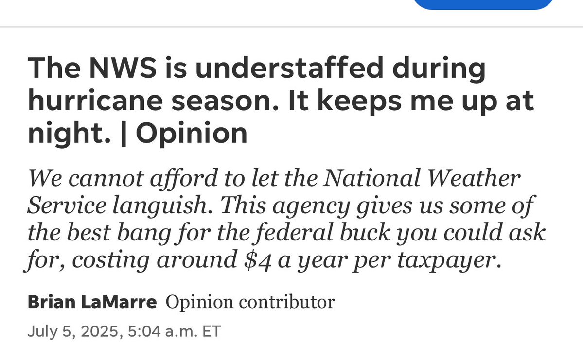 blamarre's tweet image. Thank you @USATODAY for publishing the OpEd on the important mission of the National Weather Service @NWS and the critical public safety mission of protecting life and property in collaboration with emergency response officials. #flwx #science
usatoday.com/story/opinion/…