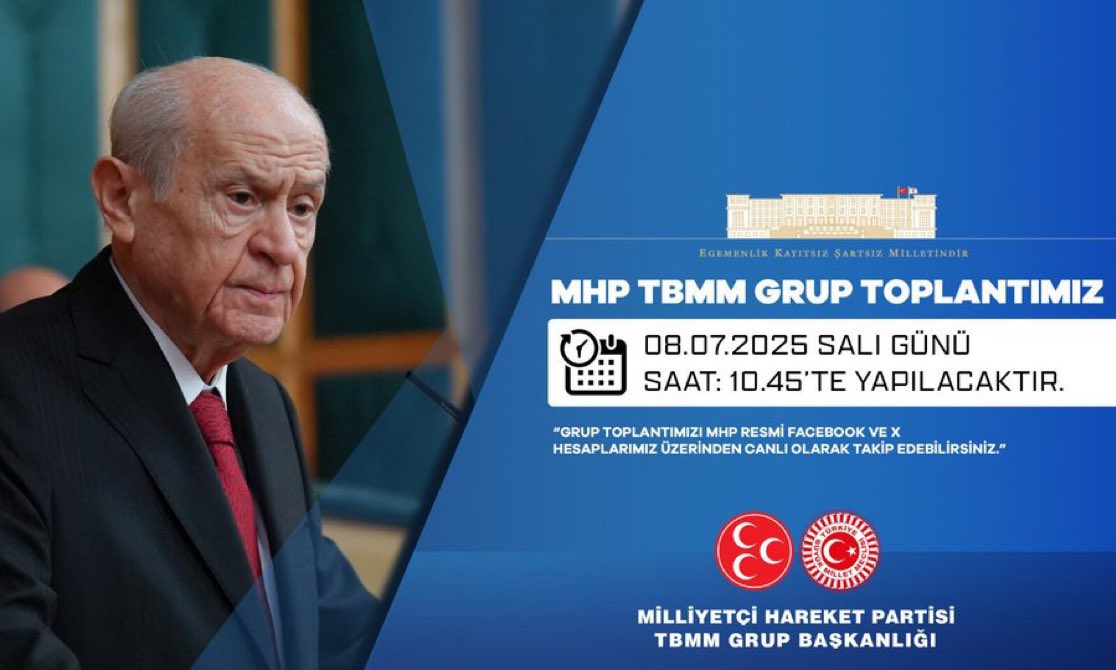 Coşkun Özdemir (@coskunzdemir12) on Twitter photo MHP TBMM Grup Toplantımız #08Temmuz2025 Salı günü (Yarın) Saat:10.45’te yapılacaktır.
MHP TBMM GRUP BAŞKANLIĞI
<a href="/MhpTbmmGrubu/">MHP TBMM Grubu #MHP</a> MHP TBMM Grup Toplantımız #08Temmuz2025 Salı günü (Yarın) Saat:10.45’te yapılacaktır.
MHP TBMM GRUP BAŞKANLIĞI
<a href="/MhpTbmmGrubu/">MHP TBMM Grubu #MHP</a>