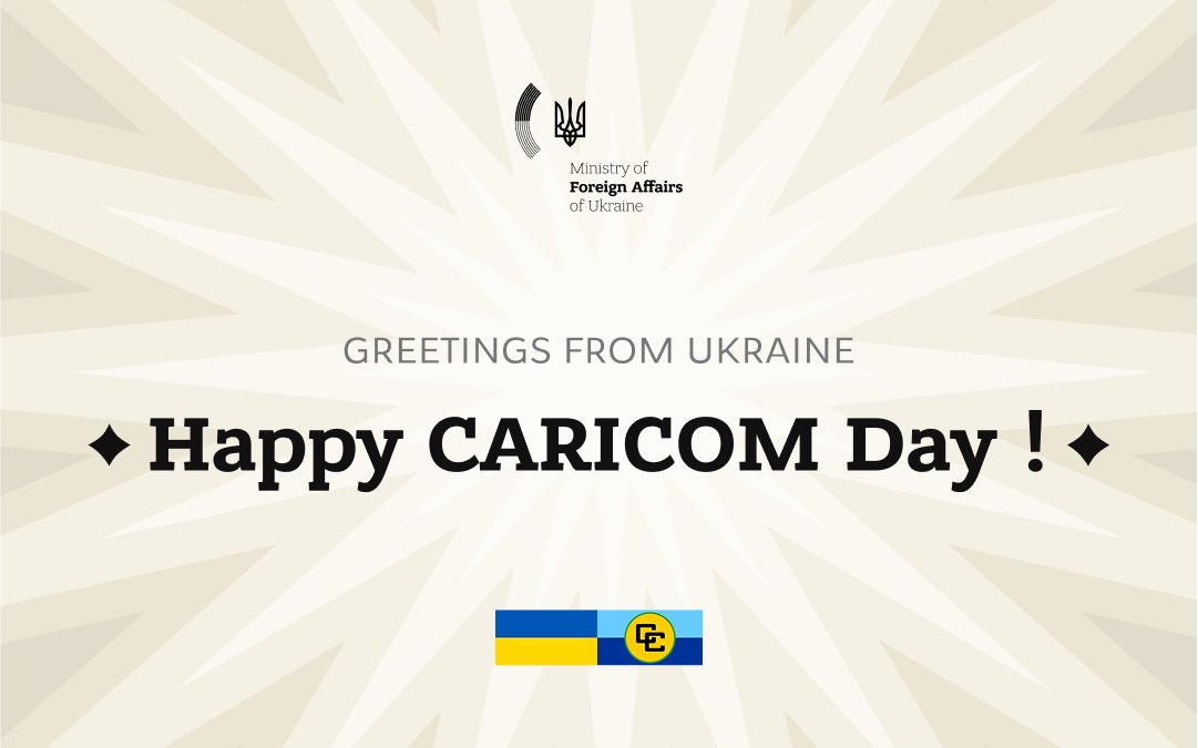 MFA of Ukraine 🇺🇦 (@mfa_ukraine) on Twitter photo Heartfelt congratulations to the <a href="/CARICOMorg/">CARICOM: Caribbean Community</a> Secretariat and the peoples of the Caribbean Community on #CARICOMDay!
Ukraine looks forward to deepening cooperation in the spirit of mutual respect, sovereignty, and global solidarity. Heartfelt congratulations to the <a href="/CARICOMorg/">CARICOM: Caribbean Community</a> Secretariat and the peoples of the Caribbean Community on #CARICOMDay!
Ukraine looks forward to deepening cooperation in the spirit of mutual respect, sovereignty, and global solidarity.