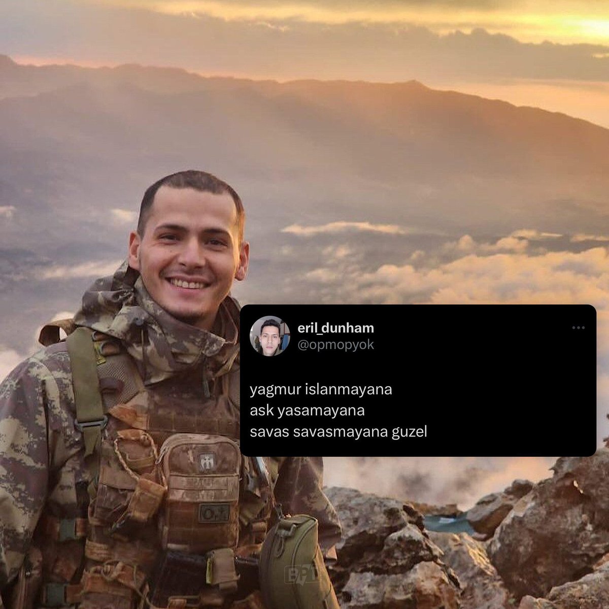 her şehit haberinden sonra bu tweet geliyor aklıma. şehit eril alperen emir'in attığı. savaş gerçekten savaşmayana güzel. türkiye'yi bu tür kötü haberleri almaya alıştıran kim varsa allah belasını versin.
