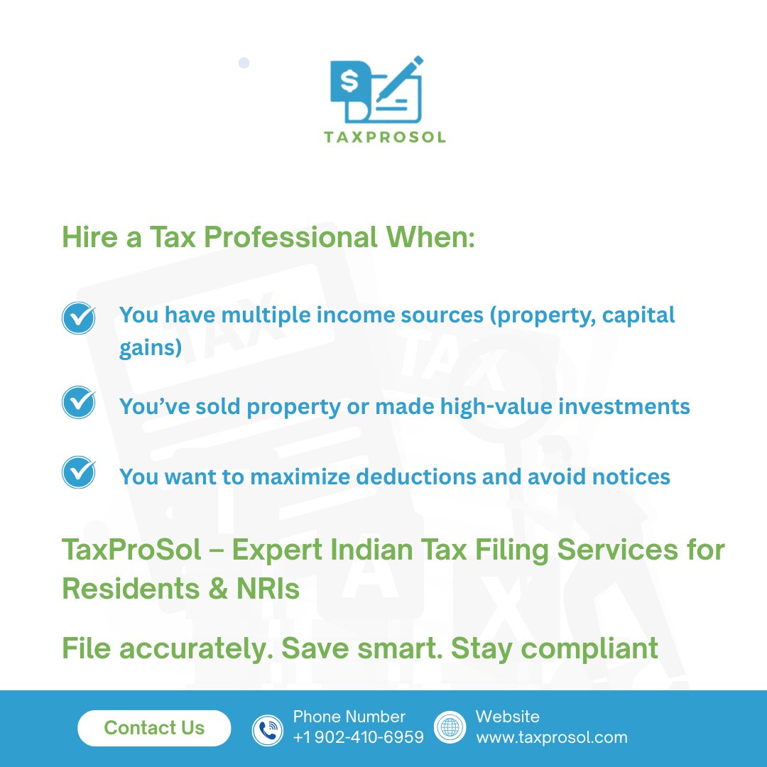 taxprosol's tweet photo. DIY tax filing or hire a pro? 🤔
Swipe to decide ➡️
📊 Simple guide for residents &amp; NRIs!
💡 Be smart. Stay compliant.
💼 TaxProSol simplifies it all for you!
#TaxSeason #FinanceTips #TaxHelp #NRITax #IncomeTaxIndia #TaxProSol https://t.co/bQKxVq0j8e