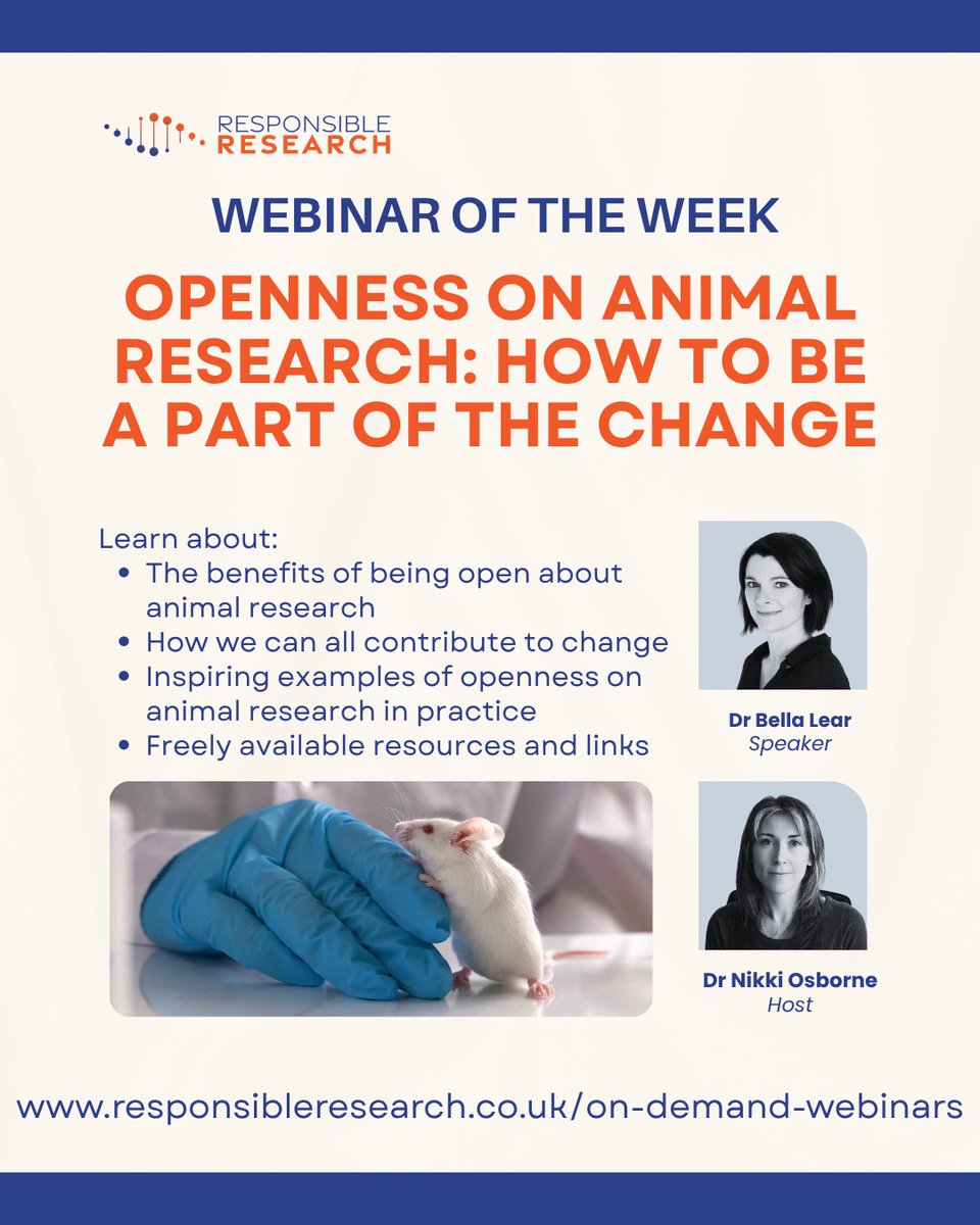 🔹 Webinar of the Week 🔹
Openness on Animal Research: How to Be a Part of the Change
With Dr. Bella Lear &amp; Dr. Nikki Osborne
Learn about the benefits of openness in animal research.
Register now: attendee.gotowebinar.com/register/28429…
#Openness #AnimalResearch #UAR #OpenResearch