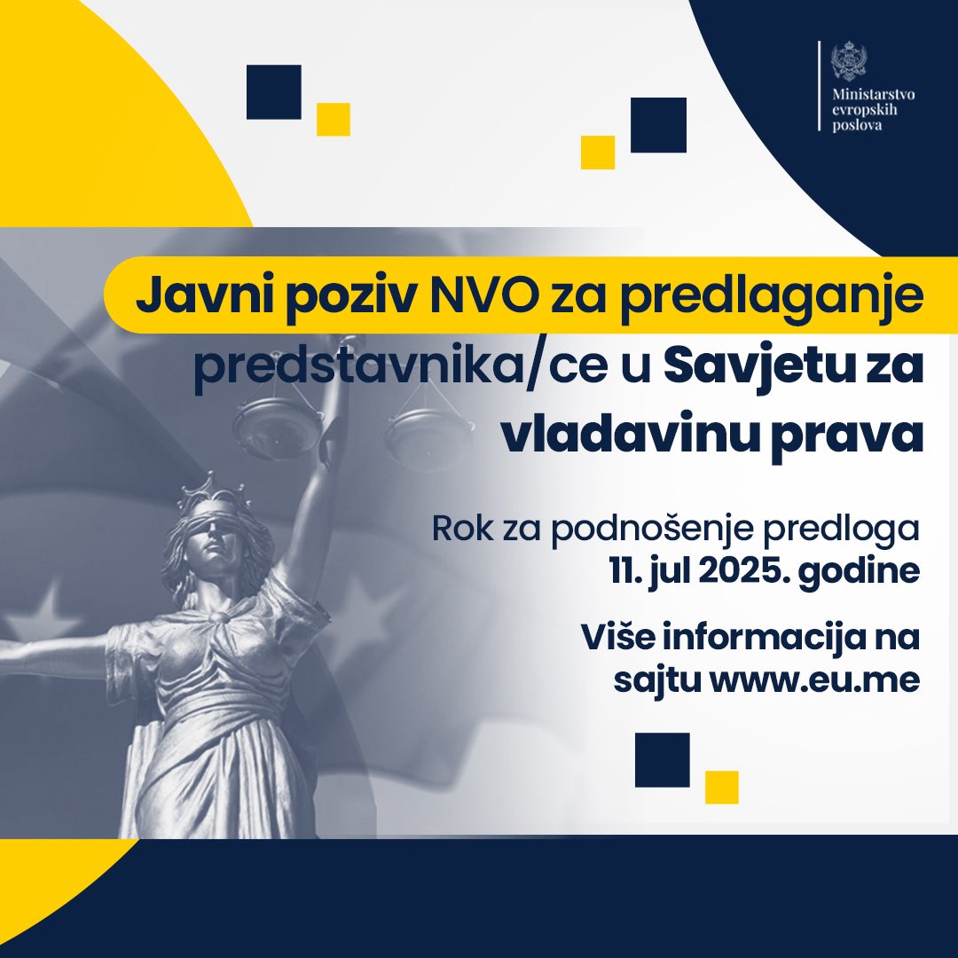 me4eu's tweet image. Javni poziv NVO za predlaganje predstavnika/ce za člana/icu Savjeta za vladavinu prava
Detaljnije na: eu.me/javni-poziv-nv…