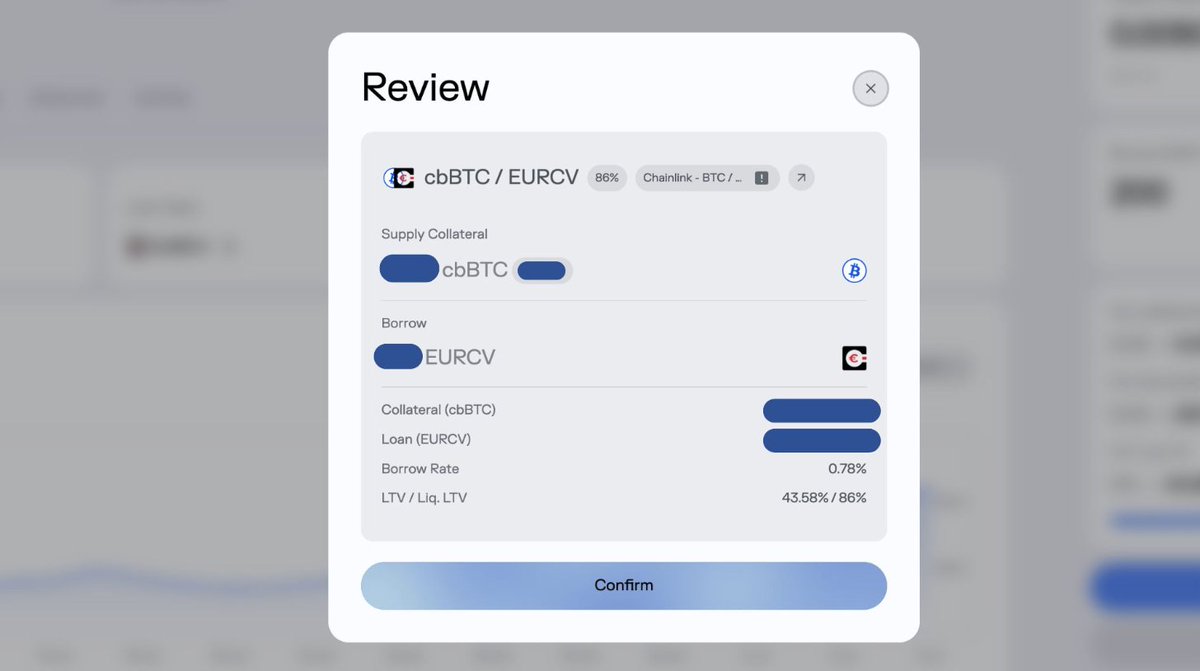 🔴You can now borrow banking group Société Générale’s euro stablecoin (EURCV) using Bitcoin (<a href="/coinbase/">Coinbase 🛡️</a> cbBTC) as collateral on <a href="/MorphoLabs/">Morpho 🦋</a> protocol👇

No KYC required. Not so much to do now with it, but something is cooking 👀

Vault by <a href="/SteakhouseFi/">Steakhouse Financial</a> 🐂
