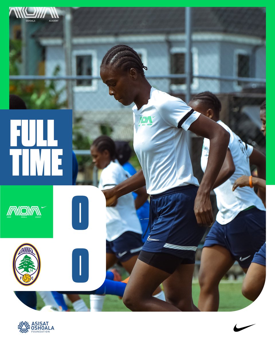 ⚽️ Full-Time Update

Asisat Oshoala Academy 0️⃣ - 0️⃣ Dannaz FC
📍 Femi Gbajabiamila Mini Stadium, Abalti Barracks, Ojuelegba – Lagos
📆 Saturday, 5th July 2025

Well done to both teams for putting on a solid display of football! 👏🏽⚽

#AOAxDannazFC #FutureStars #AOAOnThePitch