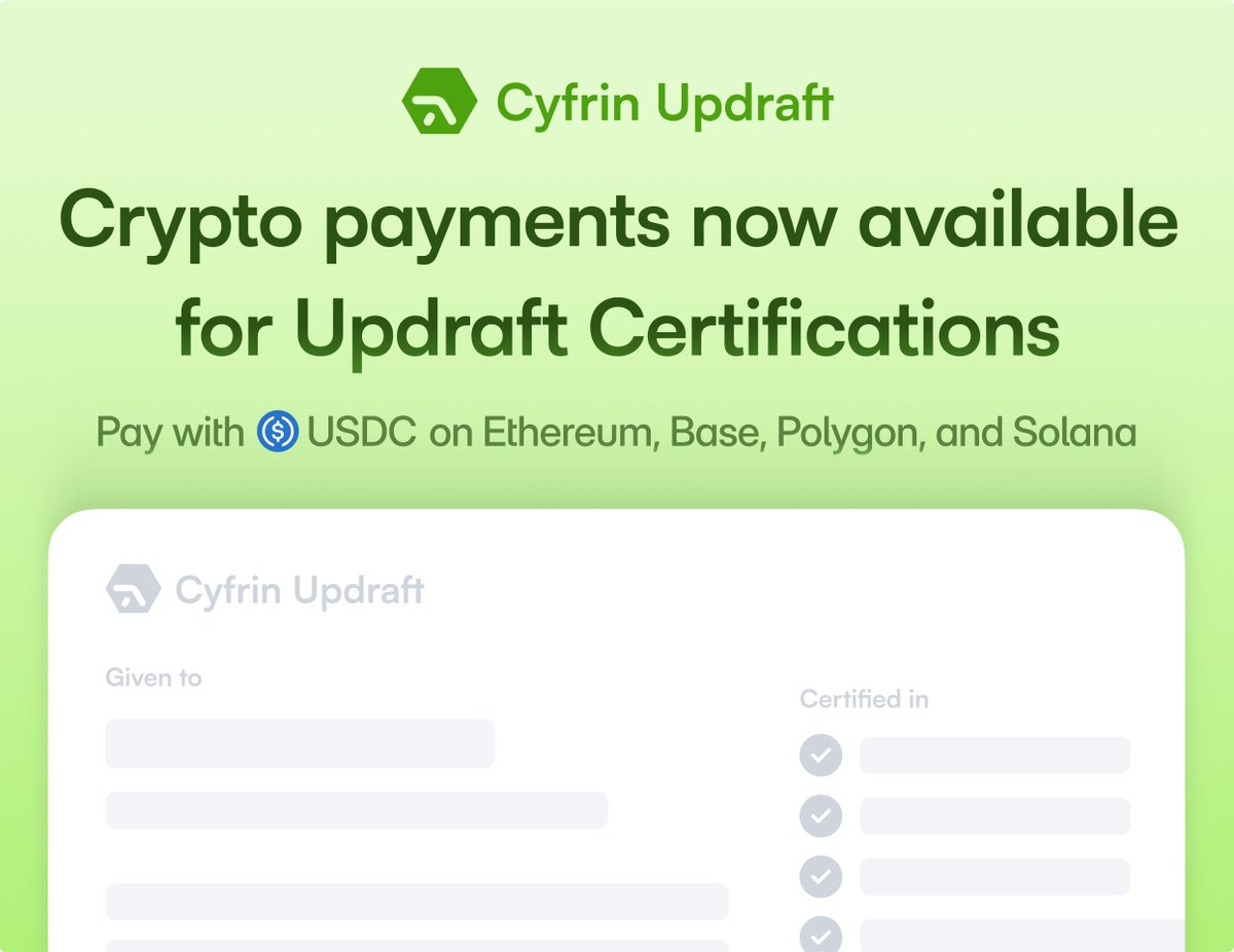 Crypto payments are now available on Cyfrin Updraft 💪🚀

Cast aside fiat because starting today, you can pay for your certification exam and add-ons with crypto 💸

Pay in USDC on:
- <a href="/0xPolygon/">Polygon</a>
- <a href="/base/">Base</a>
- <a href="/solana/">Solana</a>
- Ethereum

Via <a href="/stripe/">Stripe</a>

👇
