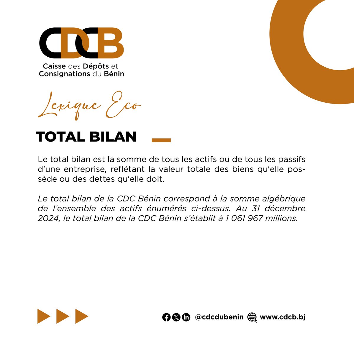"TOTAL BILAN", est l'expression à découvrir ce lundi dans la rubrique #LexiqueEco. Que signifie ce terme et dans quel contexte l'utilise-t-on ?

Prenez rendez-vous la semaine prochaine afin de découvrir une nouvelle expression de nos métiers.

<a href="/cdcdubenin/">Caisse des Dépôts et Consignations du Bénin</a>