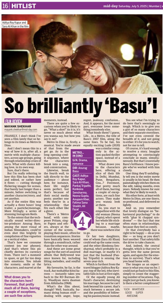 My WhatsApp got hacked (&amp; has been since). Hence, couldn’t access the e-paper, and posting this review later than usual. 

That said, frankly, I don’t think I’ve seen a film lately that so belongs to its times as Metro In Dino.

And I don’t mean this in a way of how it is, after