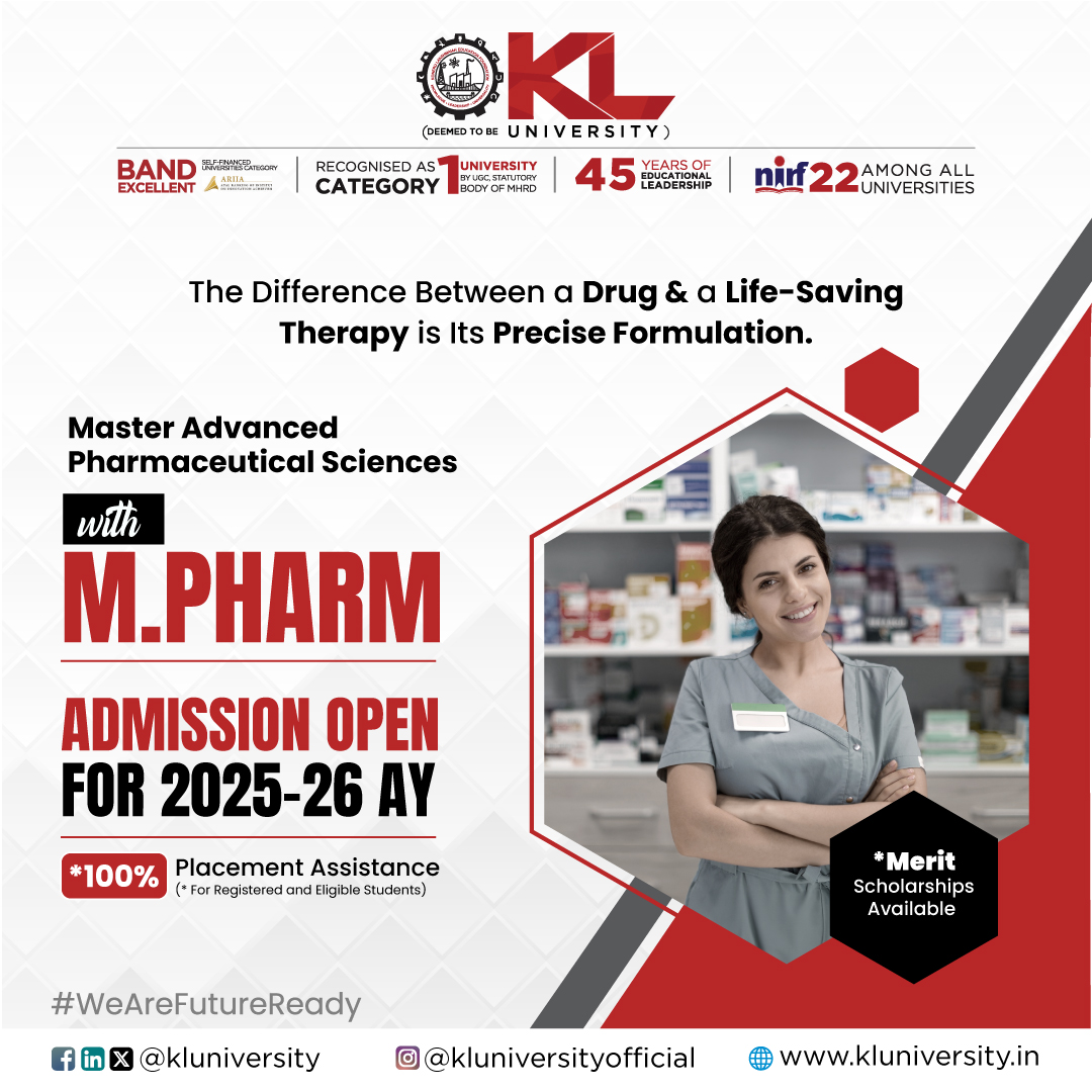 M.Pharm at KLH – Dive into advanced drug design &amp; development. Transform ideas into life-saving medicines and lead in pharma innovation.

kluniversity.in/admissions-202…

#KLU #Scholarships #kluniversityofficial
#WorldClassEducation #topuniversityinIndia #mpharm #mpharmadmissions