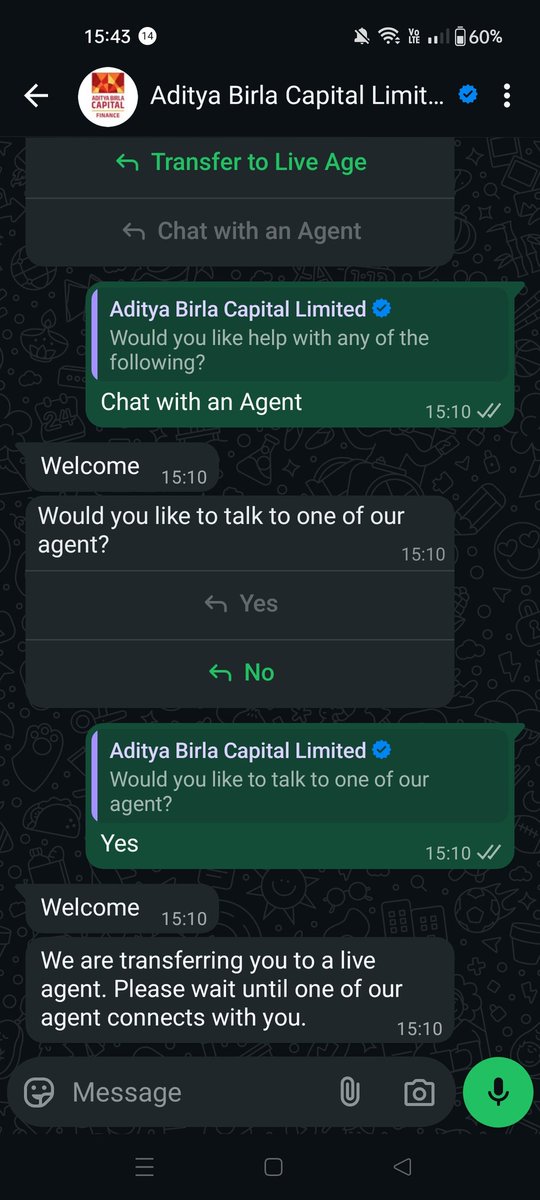 btpsupporter's tweet photo. @AdityaBirlaGrp your Finance division is exactly opposite of being user friendly.

IVR you don't get an option to speak to a customer service representatives, it says it will, but transfers it to WhatsApp, via a sms link to the RMN, and see the wait time for that in the WA. https://t.co/72PZrvQL8H