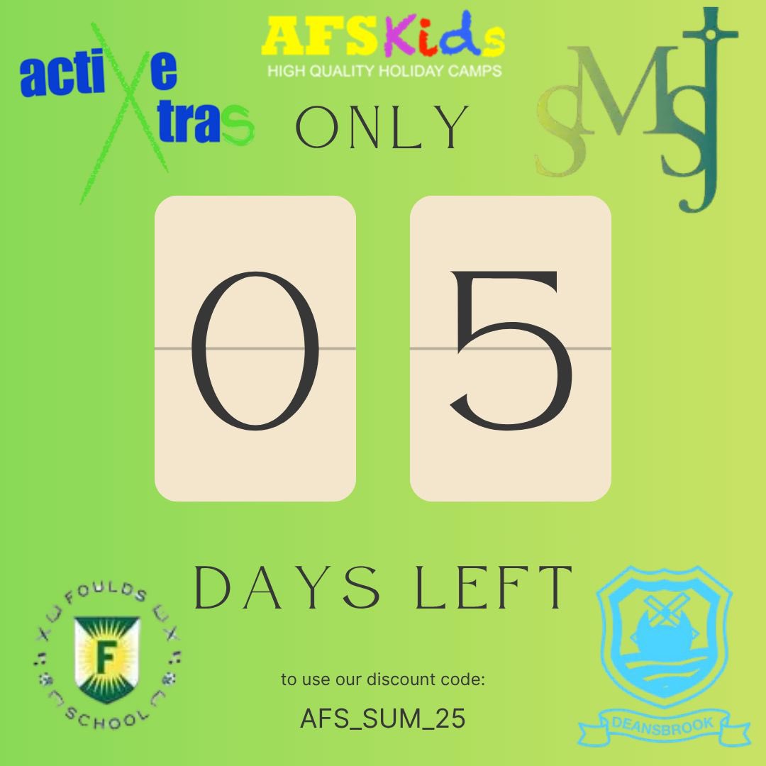 AFSCamps's tweet image. Only 5 Days left to get 10% Discount for @AFSCamps this Summer at @FouldsSchool, @SMSJ_London & @deansbrooksch. BOOK TODAY!