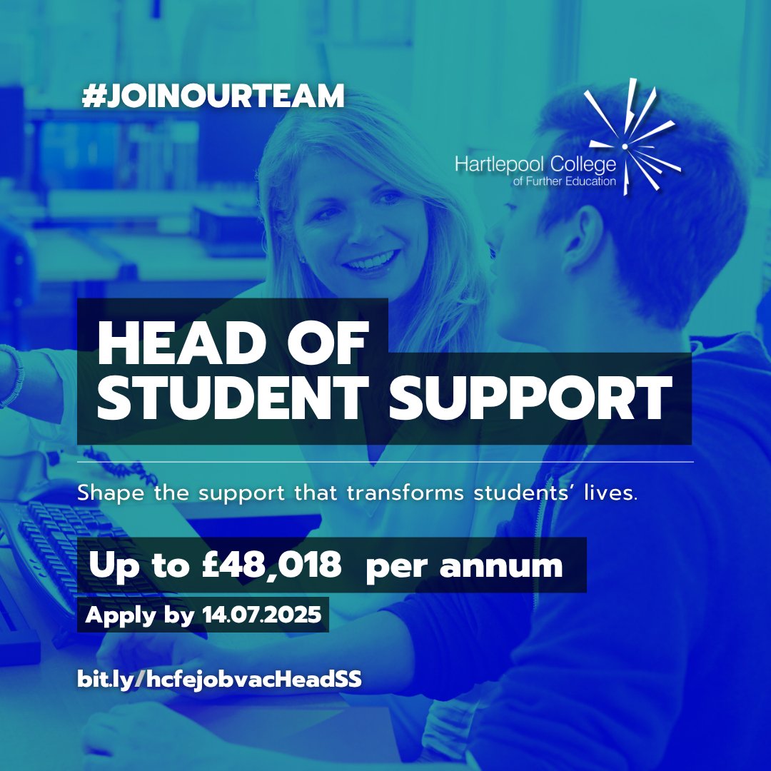 We're hiring: HEAD OF STUDENT SUPPORT

Lead our award-winning team and help transform lives at Hartlepool College.

- Salary up to £48,018
- Apply by 14.07.2025

🔗bit.ly/hcfejobvacHead…

#JoinOurTeam #TransformingLives #hcfejobvacs #StudentSupport #LeadershipInFE
