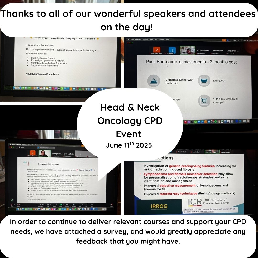 Thanks to all our  speakers and participants who joined us for our CPD morning on June 11th for our Head and Neck Oncology CPD event. 
Keep an eye on your email for the link to the study day recording, CPD cert, and speaker notes. 
 Feedback survey link:  surveymonkey.com/r/VP7NL7J