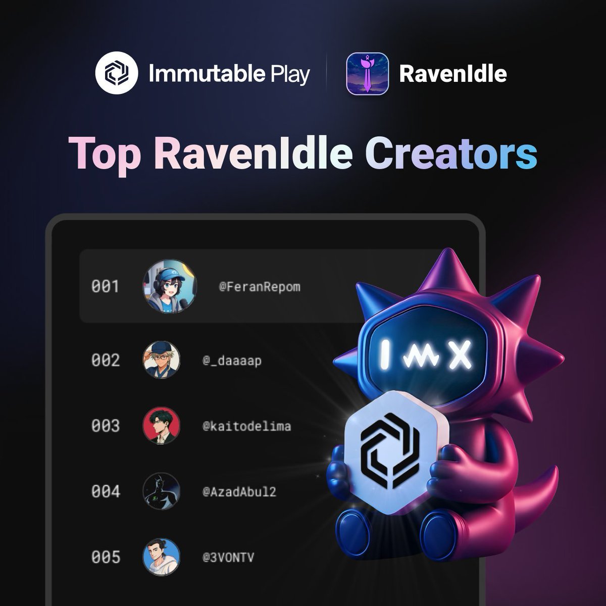 aulijk's tweet image. RavenIdle Creator Leaderboard launch was a massive success
post about @RavenIdle and compete for $10,000 in rewards - your leaderboard rank is based on views
if you're a creator there's no downside to joining and it only takes a few minutes
creators win on @Immutable