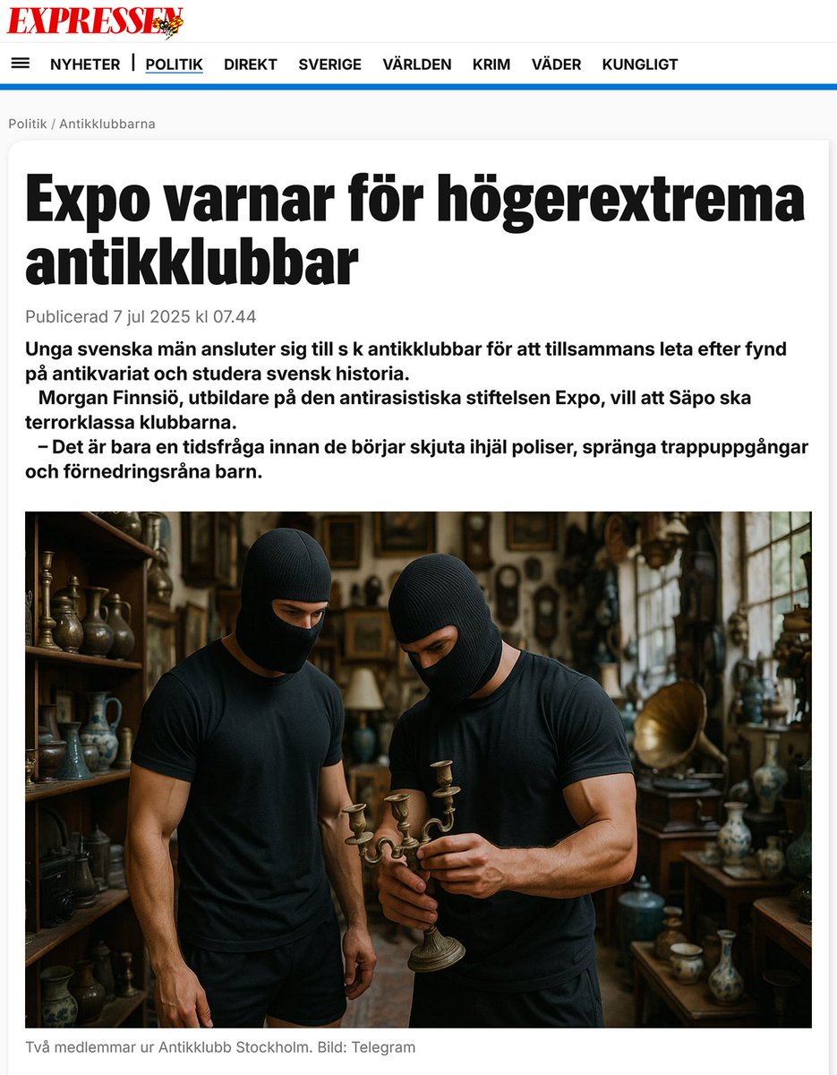 aktanyheter's tweet image. Har du en nära anhörig med stort intresse för antikviteter? Då kan du vända dig till stiftelsen Expo för att få hjälp att avradikalisera hen.