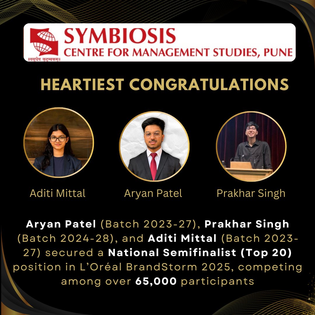 Heartiest Congratulations!

#SCMSPune #bestbbacollege #set2025 #casestudycompetetion #lorealparis #brandcompetetion #LorealBrandstorm

<a href="/symbiosistweets/">Symbiosis International (Deemed University)</a> <a href="/SETSymbiosis/">SET 2024</a>