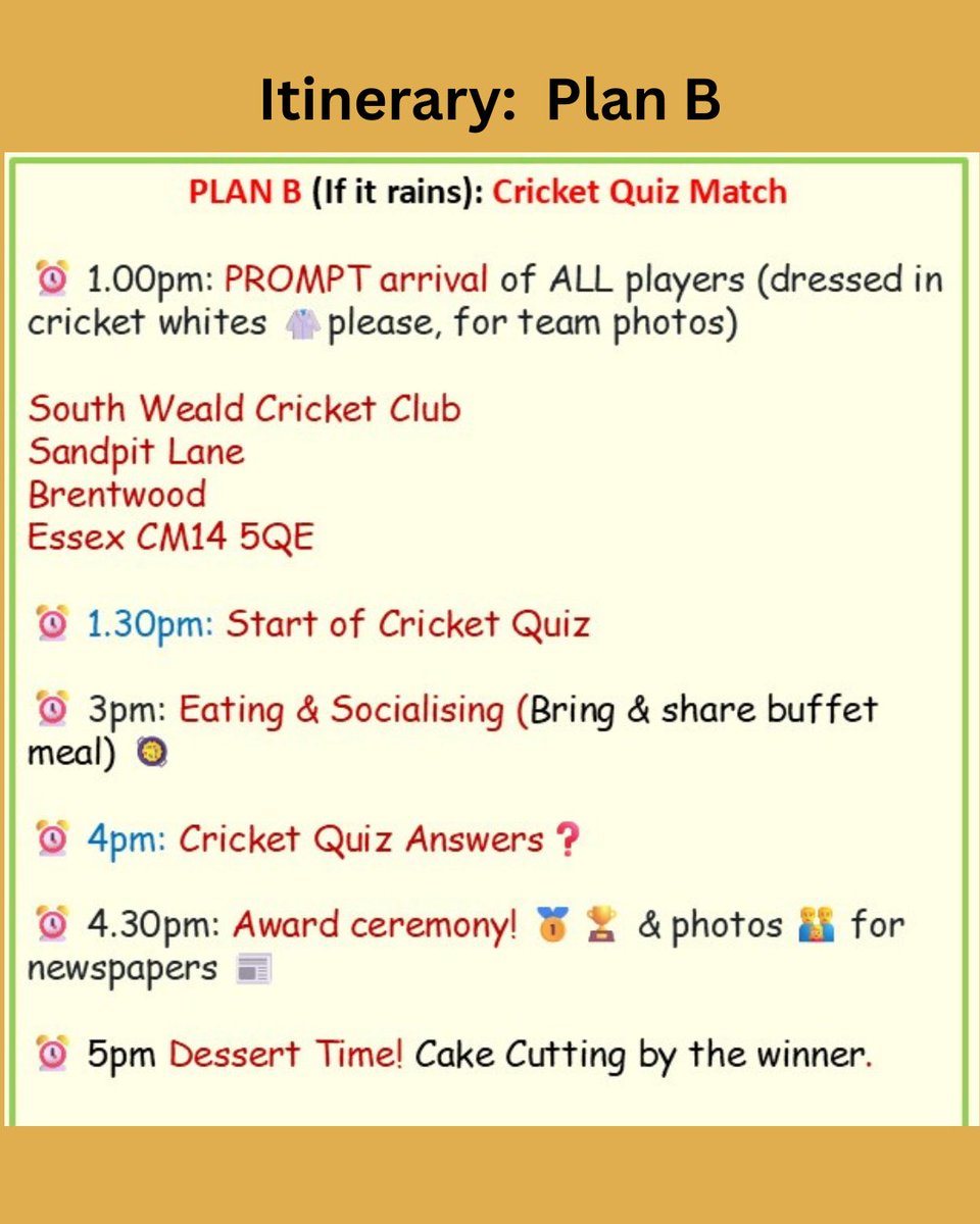 🏏 Celebrate unity through cricket!

Join us Sat 27 July, 1PM at South Weald Cricket Club, Brentwood CM14 5QE.

All welcome – match, food, speeches &amp; fun! Bring a dish to share 🍛

Plan B? A cricket quiz indoors!

[tags]
#MulticulturalCricket #HaveringEvents