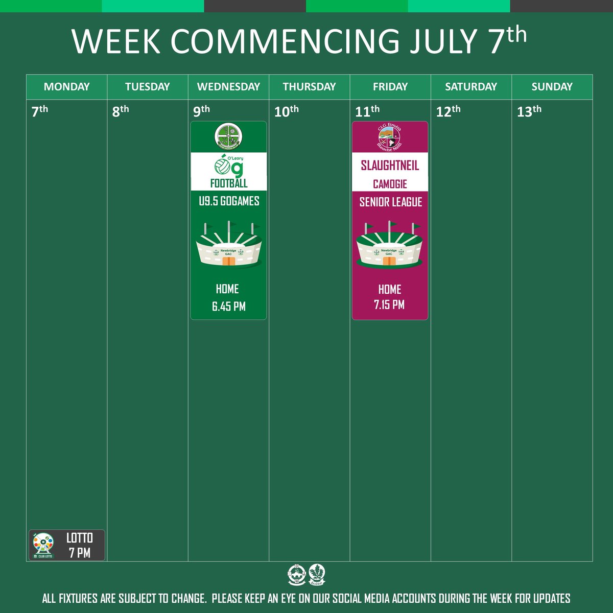 🇳🇬📅 𝗪𝗘𝗘𝗞𝗟𝗬 𝗙𝗜𝗫𝗧𝗨𝗥𝗘𝗦 

See post for our schedule of games and events this week.  Please keep an eye on the social media channels for updates.