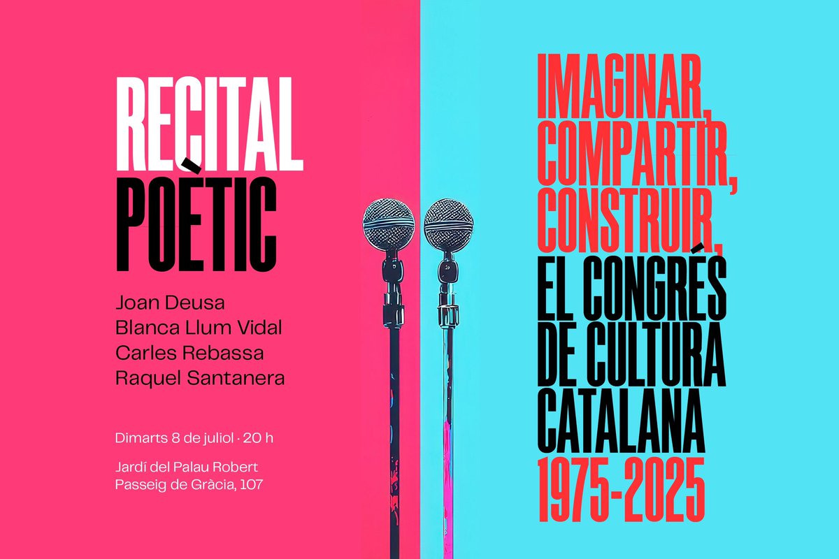 FundacioCCC's tweet image. Demà al vespre, tenim poesia al @palaurobert
Veniu a sentir quatre veus potents i reconegudes dels #PaïsosCatalans: Blanca Llum Vidal, Raquel Santanera, Carles Rebassa i Joan Deusa
📍Jardí del Palau Robert · 8/07 · 20 h
#CongrésCulturaCatalana