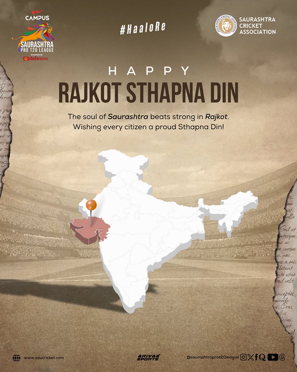 Rajkot: where legacies begin. From nurturing talent to hosting iconic matches at Niranjan Shah Stadium, it’s the pride of Saurashtra and home to cricketing excellence. Celebrating Sthapna Din with pride! 🙌🏻 

#RajkotSthapnaDin #SaurashtraProT20League #Foundation #HaaloRe