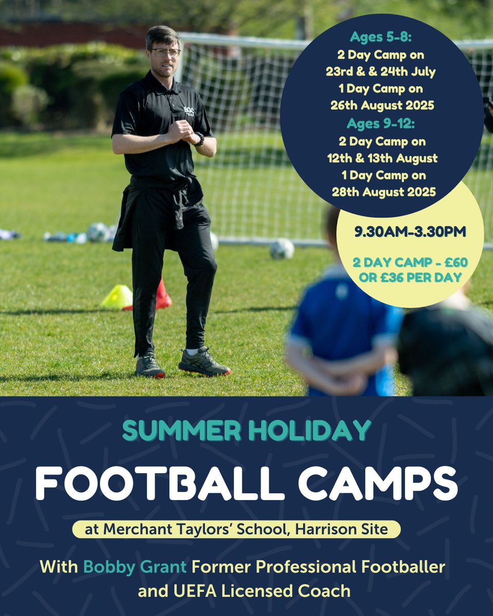 Join us for exciting Summer Holiday Football Camps led by former professional footballer and UEFA licensed coach, Bobby Grant! Perfect for young football enthusiasts of all skill levels ⚽

Bobby, who has played for clubs such as Accrington Stanley, Wrexham, Scunthorpe United,