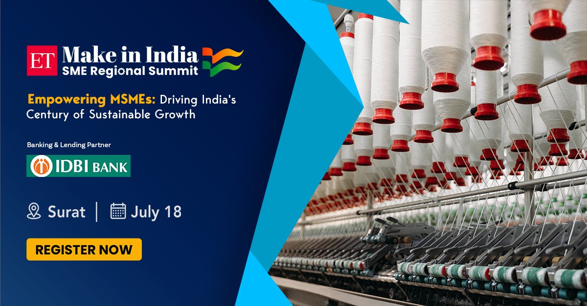 EconomicTimes's tweet photo. India grows when MSMEs lead.
Join Surat’s finest minds at the ET SME Make in India Summit on July 18.
Where ideas ignite, and businesses rise.
🚀 Make in Surat. Scale for the World.
👉 Register now: https://t.co/ehNhbMhdDk
@IDBI_Bank
#ETSME #MakeInIndia #ETMSMESummit #MSMEs https://t.co/gsB3PpvW5u