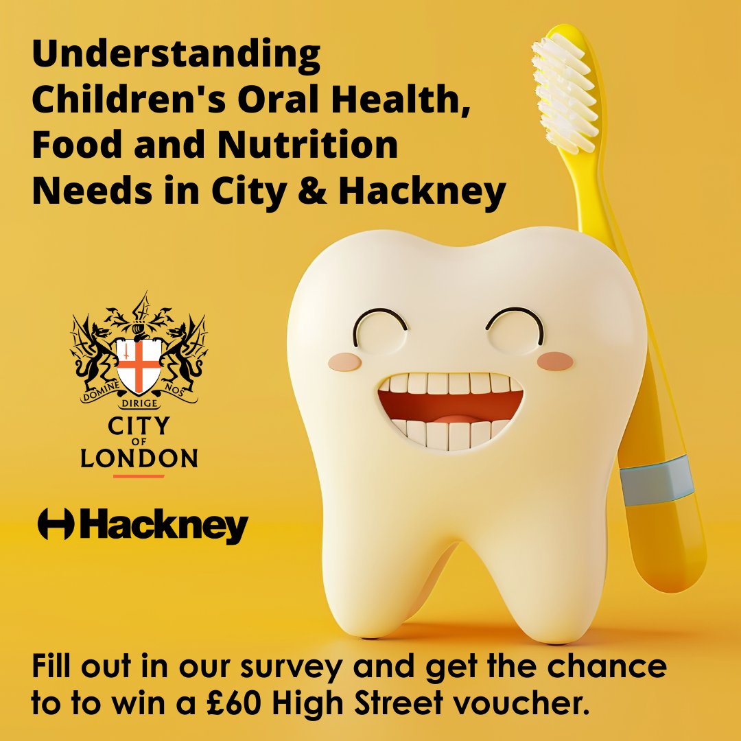 The City and Hackney Public Health is conducting a survey to understand the oral health, food and nutrition needs of children in our area. Complete and return survey by 31st July and get the chance to win a £60 High Street voucher. Survey here: forms.gle/BGBT6NBh7DrNDB…