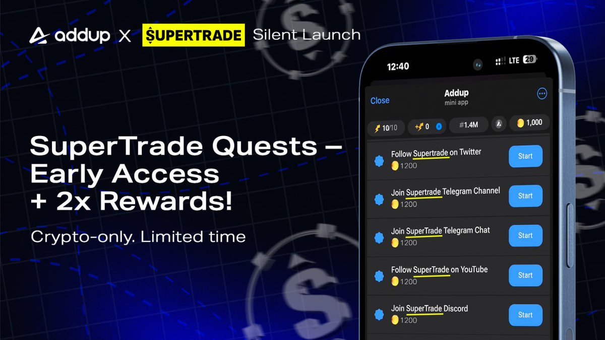 AddUp (@addup_exchange) on Twitter photo 🚀 <a href="/Supertrade_com/">Supertrade</a> quests still LIVE inside AddUp – with 2x rewards 🔥
✅ Be first. Complete quests. Boost your points.
👉 t.me/AddUp_crypto_b…
#Supertrade #AddUp #CryptoRewards #Quests #SilentLaunch 🚀 <a href="/Supertrade_com/">Supertrade</a> quests still LIVE inside AddUp – with 2x rewards 🔥
✅ Be first. Complete quests. Boost your points.
👉 t.me/AddUp_crypto_b…
#Supertrade #AddUp #CryptoRewards #Quests #SilentLaunch