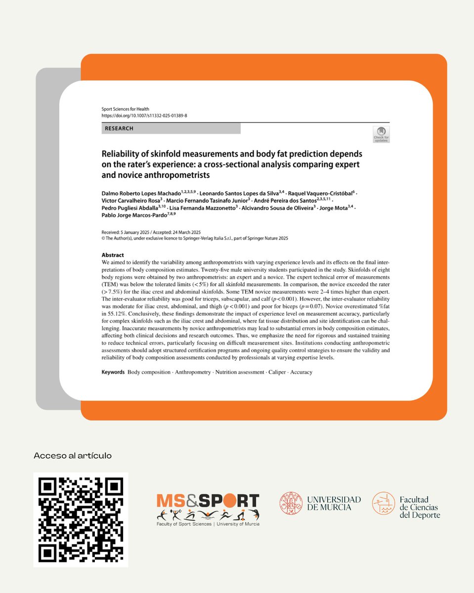 Desde MS&amp;Sport compartimos una nueva publicación científica:

“Reliability of skinfold measurements and body fat prediction depends on the rater’s experience: a cross-sectional analysis comparing expert and novice anthropometrists” 

#msandsport #deporteconciencia <a href="/UMUdivulga/">UMU Divulga</a>