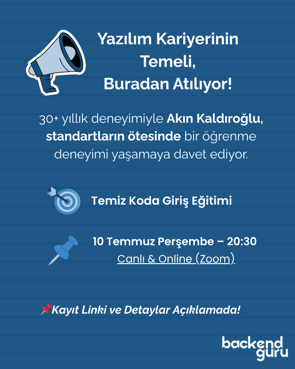 🚀 Clean Code = Sağlam bir yazılım kariyerinin temeli.

10 Temmuz Perşembe 20:30'da canlı ve tamamen ücretsiz bu oturumu sakın kaçırma! 
 
👉 Hemen kaydol: bit.ly/3IfU9p5

Belki uzun süredir “clean code” öğrenmek istiyorsun ama başlamadın.
Ve artık harekete geçmezsen,