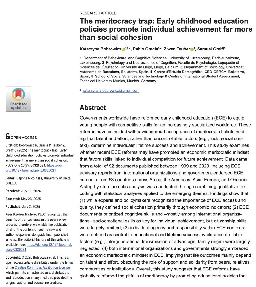 🆕 NEW Paper with K. Bobrowicz (lead), Z. Teuber &amp; S. Greiff in <a href="/PLOSONE/">PLOS One</a>!

Early Childhood Education (ECE) Stakeholders push Competition/Achievement over Solidarity/Cohesion
#Meritocracy_Trap

🌍 53 Countries
📊 Thematic Analysis
🕰️ 1999–2023

Open Access: journals.plos.org/plosone/articl…