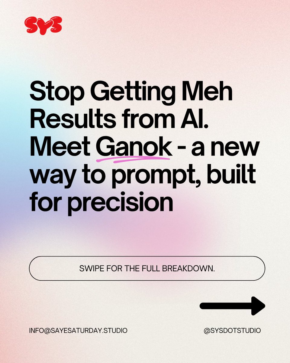 sysdotstudio's tweet image. Most AI gives generic replies because your prompt isn’t specific.

Ganok flips the script—it asks you the right questions before answering. shorturl.at/uNzMo

⚡Smarter prompts, better outputs.
👇 Comment &quot;Ganok&quot; &amp;amp; we’ll DM the link to try it.

#AI #PromptEngineering #Ganok
