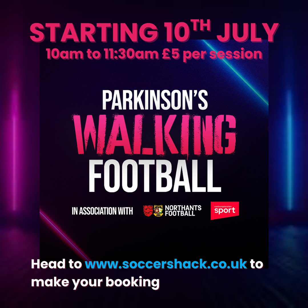💜PARKINSON’S
💙WALKING
🩷FOOTBALL 

🗓️ Thursdays (officially starts Thursday 10th July

⏰ 10:00am to 11:30am 

💷 £5 per session 

📍NN5 7QP Gladstone Road, Northampton 

Book via our website - soccershack.co.uk 

Weekly sessions for those living with Parkinson’s 💜