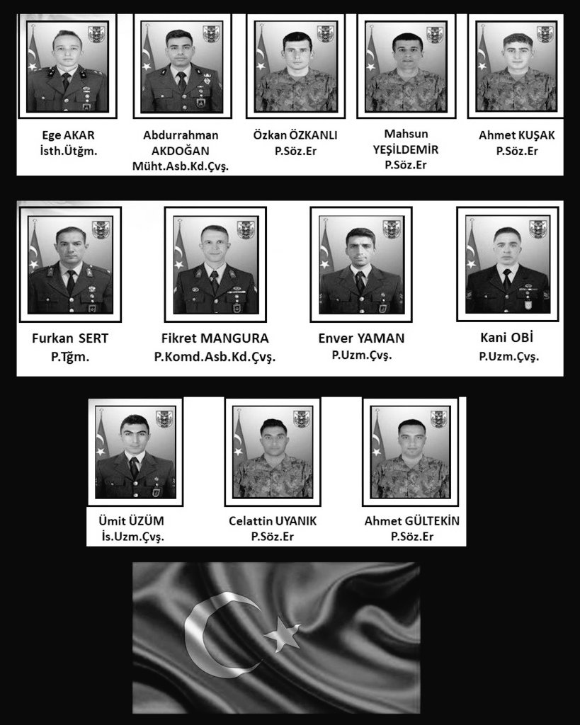 Pençe-Kilit Harekâtı kapsamında sürdürülen arama-tarama faaliyetleri sırasında, girdikleri mağarada metan gazına maruz kalarak şehit düşen kahraman vatan evlatlarımızı rahmet, minnet ve şükranla anıyoruz. Ruhları şad, mekânları cennet olsun. Acılı ailelerine sabır ve metanet;
