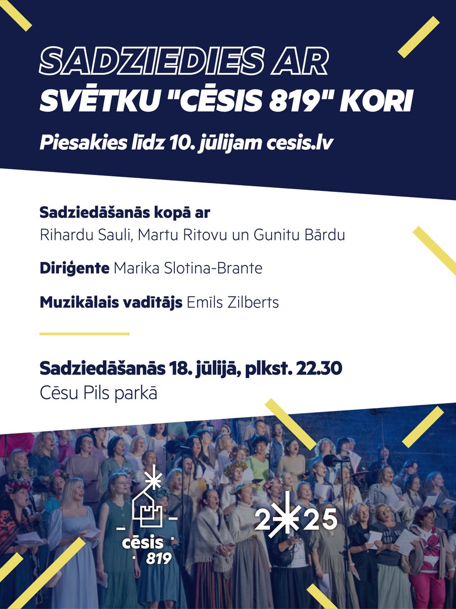 🎶 Piesakies un dziedi Cēsu svētku korī kopā ar Rihardu Sauli, Martu Ritovu un Gunitu Bārdu!

🌟 Sadziedāšanās koncerts svētku ieskaņā – piektdien, 18. jūlijā, plkst. 22.30 Cēsu Pils parkā

✍️ Pieteikšanās līdz 10. jūlijam šeit: ej.uz/C819-koris

#Cēsis819 #EsiZvaigzne