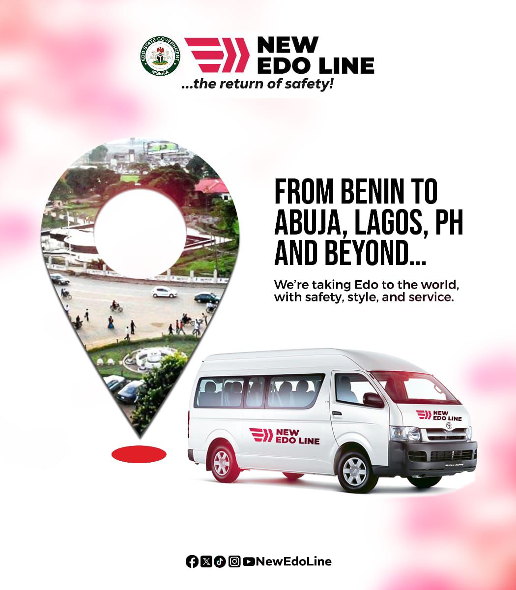 NewEdoLine's tweet image. From Benin to Abuja, Lagos, PH and beyond…
We’re taking Edo to the world, with safety, style, and service.
#TheReturnOfSafety
#RideNewEdoLine
#DrivenByDignity