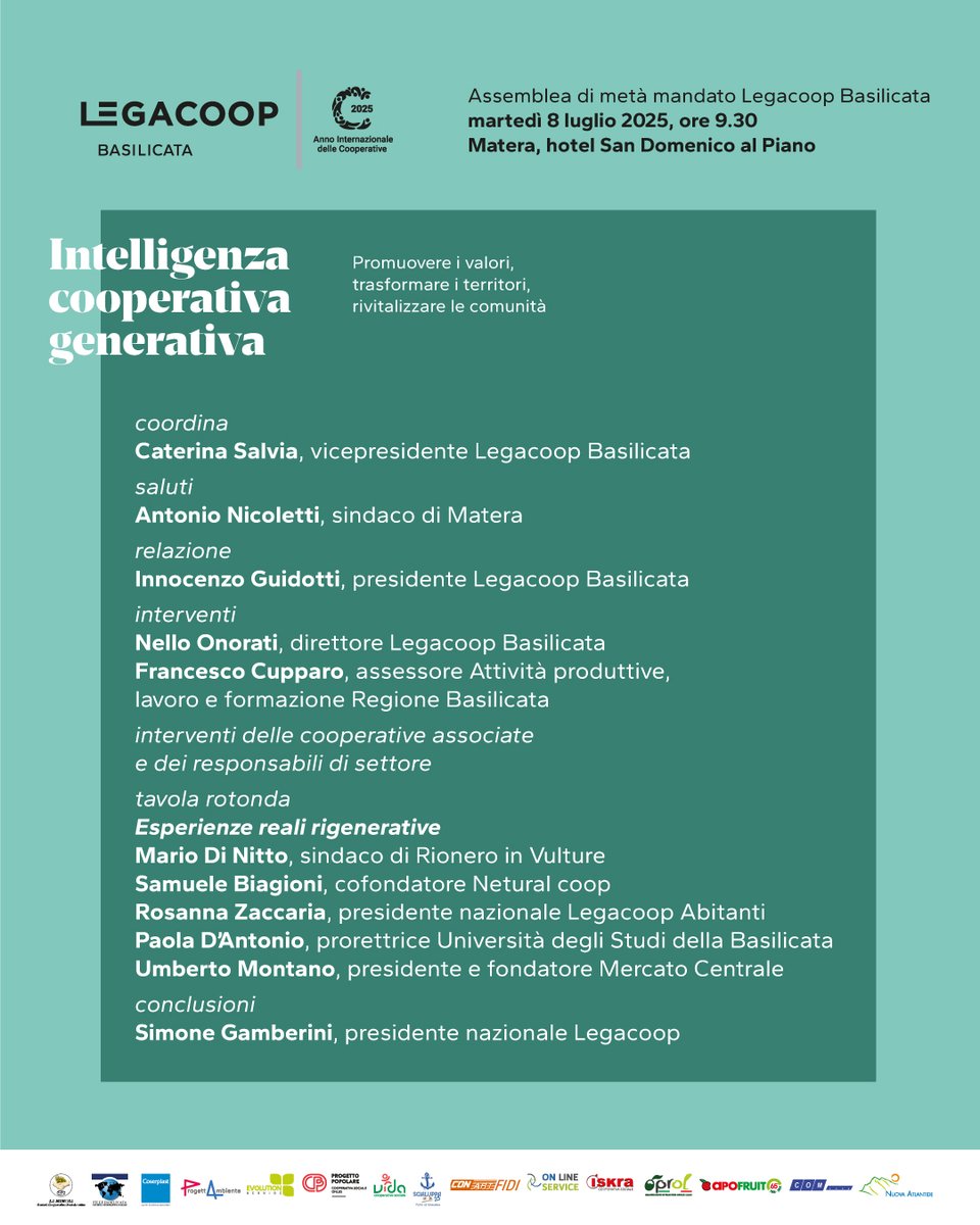 Intelligenza cooperativa generativa: promuovere i valori, trasformare i territori, rivitalizzare le comunità. Martedì 8 luglio, all'hotel San Domenico di Matera, l'assemblea dei delegati di Legacoop Basilicata. Conclude il presidente nazionale di <a href="/LegacoopN/">Legacoop Nazionale</a> Simone Gamberini.