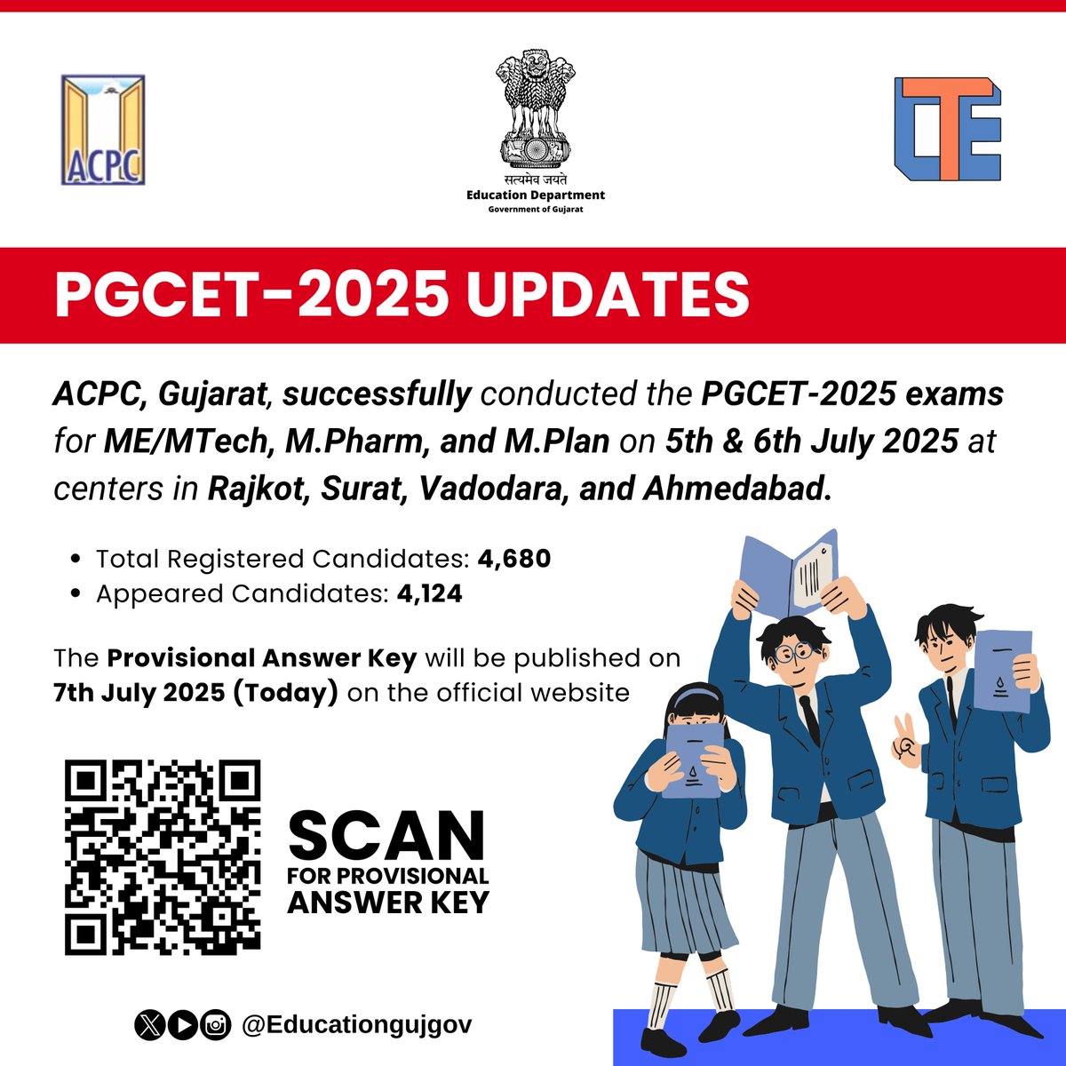 ACPC, Gujarat, successfully conducted the PGCET-2025 exams for ME/MTech, M.Pharm, and M.Plan on 5th &amp; 6th July 2025 at centers in Rajkot, Surat, Vadodara, and Ahmedabad.

The Provisional Answer Key will be published Today (07/07/25) on the website: acpc.gujarat.gov.in/me-mtech-cours…